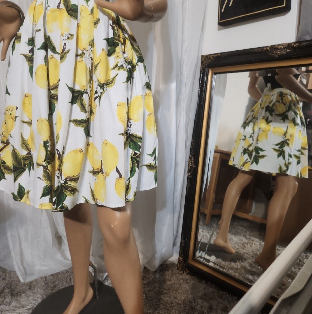 Grace Karin White Lemon Print Full Skirt with Green Accents Small - Picture 2 of 9